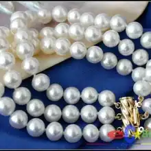 P1346 3ROW 9 мм круглый белый пресноводным культивированным жемчугом браслет благородный стиль Природный тонкой jewe Быстрая