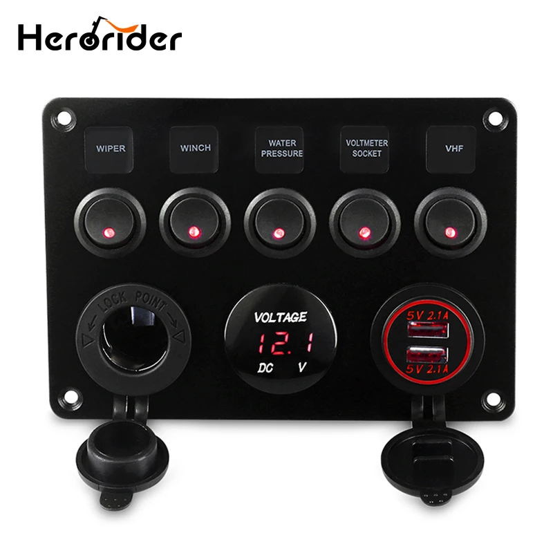 

Herorider 5 Gang ON-OFF Toggle Switch Panel Dual USB Socket Charger LED Voltmeter 12V Power Outlet for Car Boat Marine Switch
