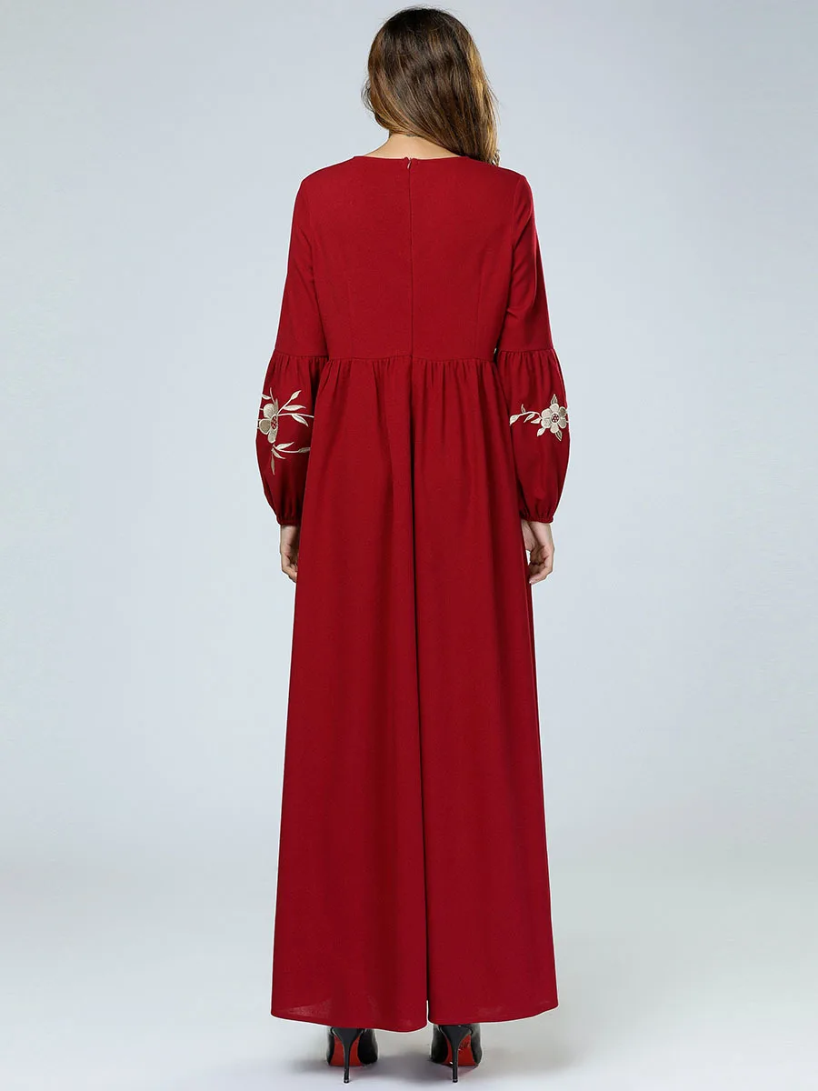 2018 с принтом мусульманский Кафтан Дубай вышивка длинное платье О-образным вырезом с длинным рукавом большой подол женское длинное платье с
