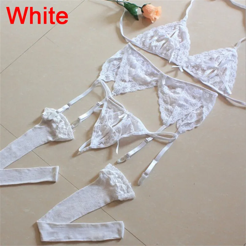 4PCS/set Underwear Women Bra Brief Sets Sexy Lace Open Crotch G-String + Bra + Sling Lingerie Set Cueca