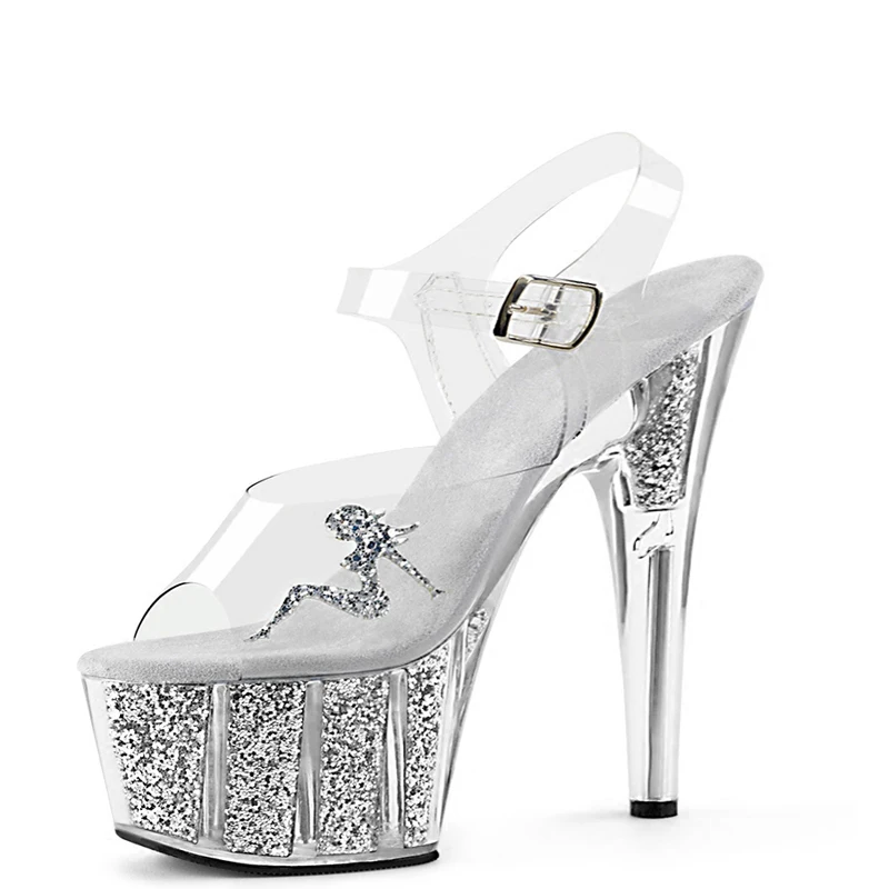 comprar Sandálias plataforma Mulheres Verão Sexy de Salto Alto Transparentes 15 cm Brilho Sapatos de Cristal Transparente Sandálias de Salto Senhoras Sapatos de Stripper