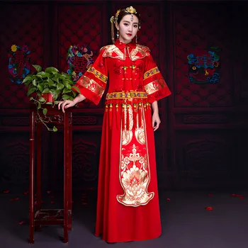 

Chinese Style Women Qipao Embroidery Elegant Flower Cheongsam Oriental Bride Wedding Dress Coast Coat+Skirt 2PCS Set Vestidos