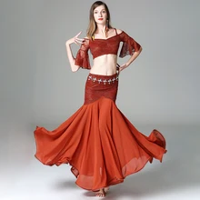 Good Sale Belly Dance Suit For Ladies Burgundy Color Tops+Skirt Set Fantasia Women Chacha Ballroom Stage Exhibit Costumes W1198