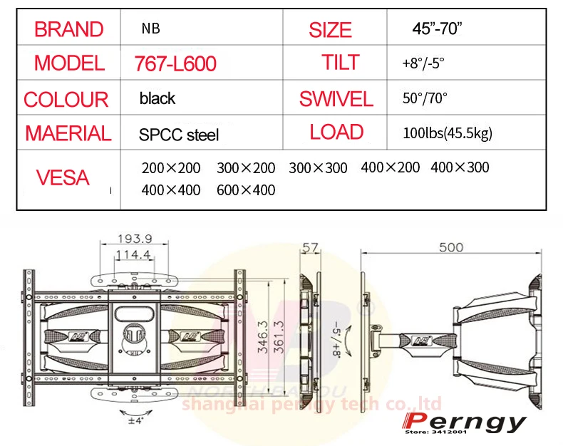 NB 767-L600 аналогичный P6 Универсальный сильный тонкий 6 arm 45,5 кг 4"-70" 600x400 vesa крепление Выдвижной светодиодный полный движения настенное крепление