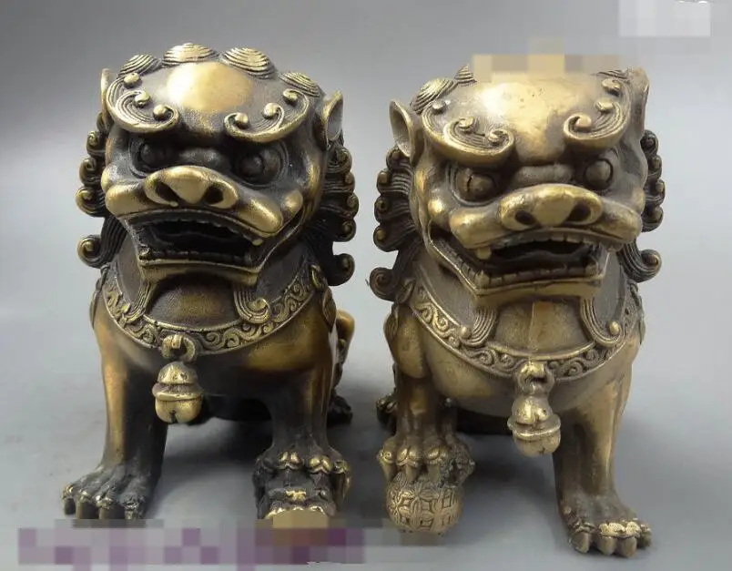 

S05640 Chinese FengShui Bronze Guardian Door Beast Foo Fu Dog Lions Ball Statue Pair