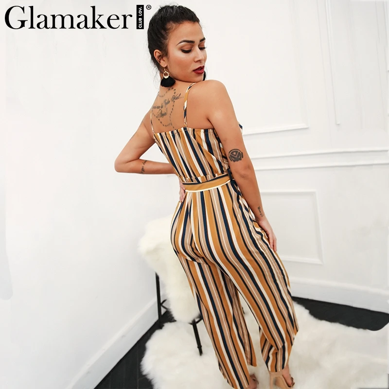 Glamaker Sexy multi striped wrap high waist jumpsuit romper Women loose belt long summer playsuit Female strap overalls|jumpsuits rompers