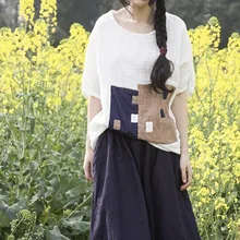 Johnature Топы с коротким рукавом, новинка, летние женские повседневные топы с круглым вырезом, одноцветные Лоскутные пуловеры, футболки из хлопка и льна