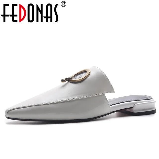 FEDONAS Women Sandals Summer 2018 Low Heel Slippers Causal Ladies Autumn Genuine Leather Shoes Woman Pointed Toe Sandals 