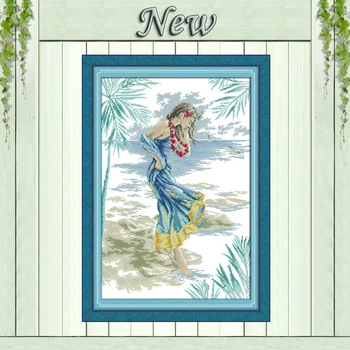 

The woman on the beach beauty painting Counted Print on canvas DMC 11CT 14CT chinese Cross Stitch kits Needlework Set embroidery