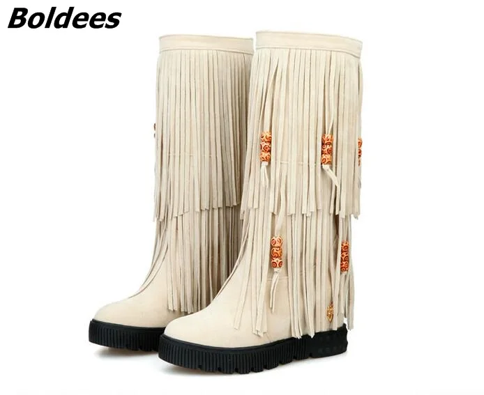 

New Arrivals Wedge Height Increasing Lady Casual Shoes Suede Fringed Women Short Boots Platform High Top Women Winter Shoes