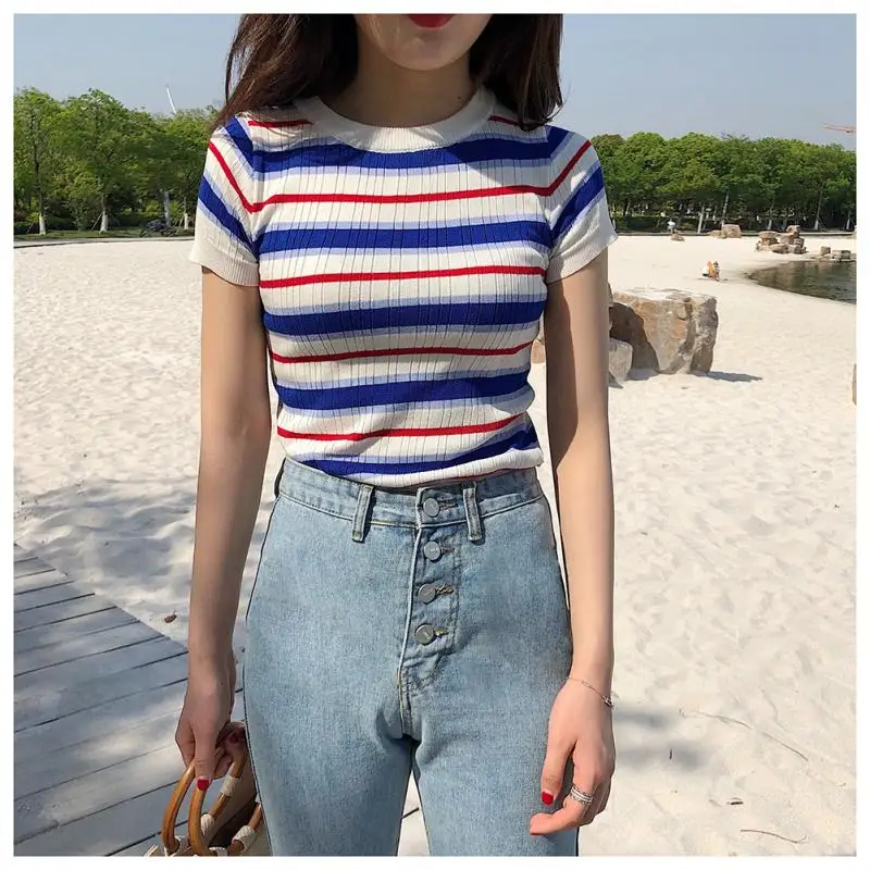 

Summer Woman Vintage Retro French Style Blue and White Striped Round Neck Short Sleeve Slim Knit Tops Slim Fit T-shirt