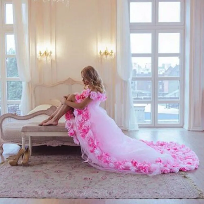 Элегантный высококачественный для Бала выпускников платья vestido de festa Тюль с 3D цветком трапециевидной формы с глубоким вырезом Вечерние торжественные платья Robe De Soiree - Цвет: Розовый