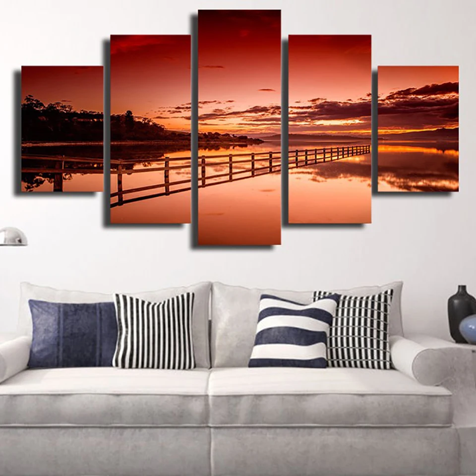 

Wall Art Living Room Home Decor Printed Pictures 5 Piece/Pcs Lake Sunset Dusk Scenery Modern HD Frame Canvas Painting Poster