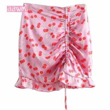 

New Drawstring Pleated Cherry Print High Waist Skirt 2019 Summer High Street Elegant Women
