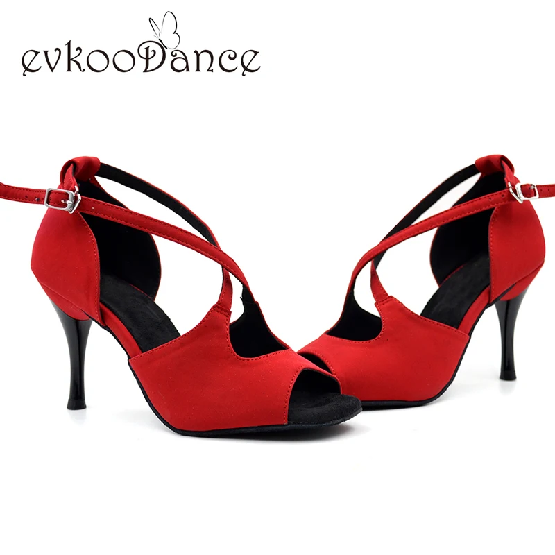 

Nubuck Latin Dance Shoes Girls Sandals 8.5cm Slim high heel soft sole Red Black Salsa tango Women Latin Shoes NL007
