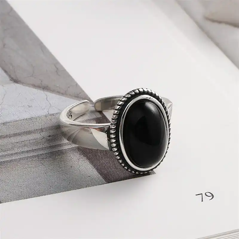 Flyleaf Black Onyx Rings For Women Real 925 Sterling Silver Fine Jewelry Open Ring Vintage 100 Natural Stone Mother S Gift Rings Aliexpress