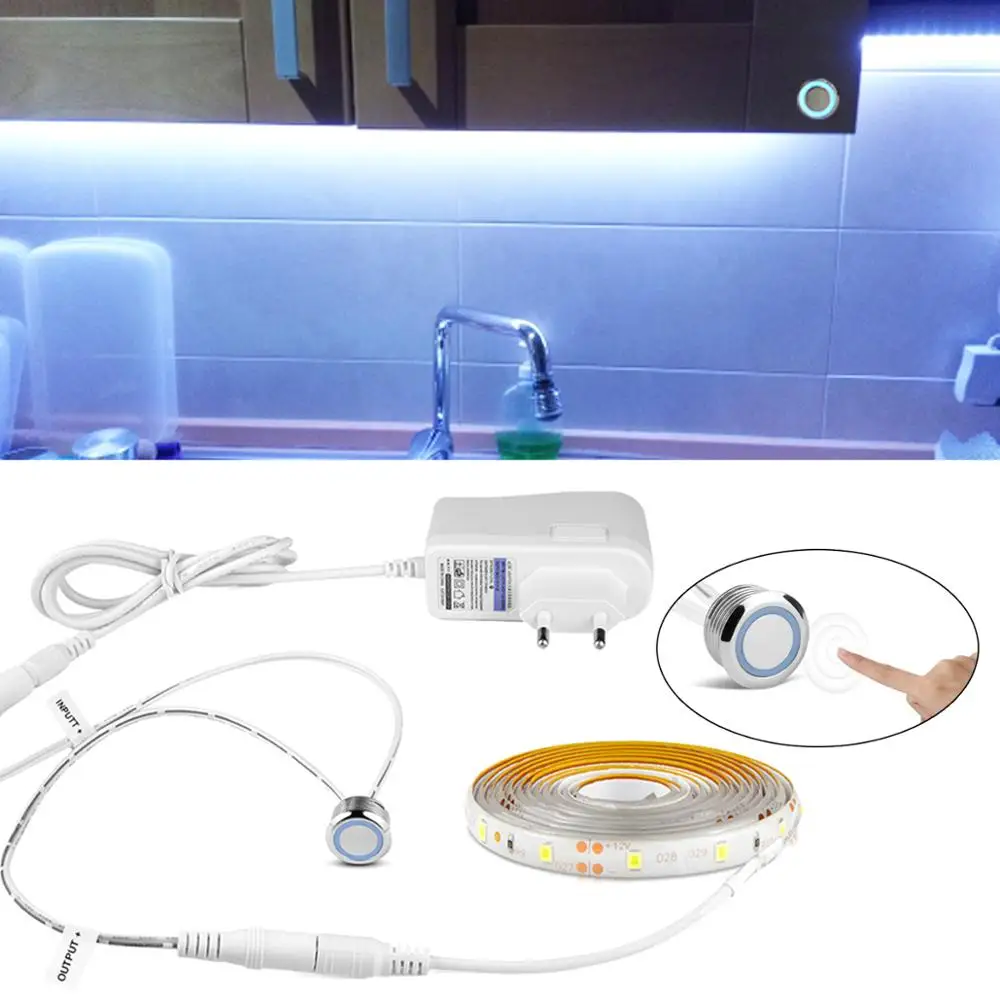 

Waterproof LED Light With Touch Dimmable Switch Kitchen Lamp +DC 12V 2A Power Supply For Under Cabinet Lighting bathroom bed led