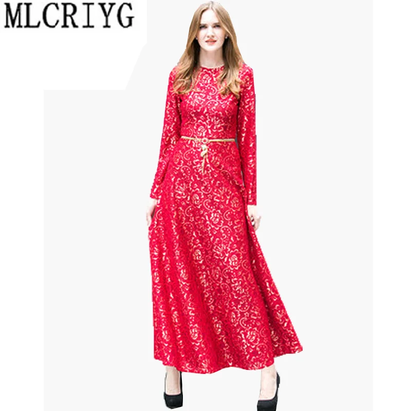 MLCRIYG 2019 Herfst Winter Kanten Jurk Vrouwen Plus Size 4XL Boho Rode Maxi Lange Jurk Vrouwen Avond Party Jurken Vestidos