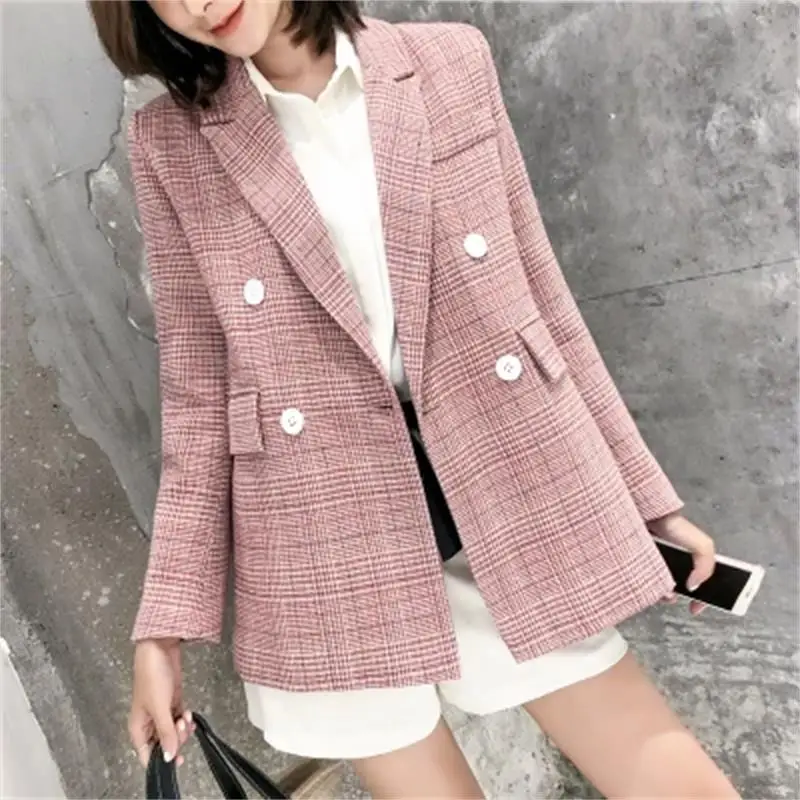 

Fashion Pink plaid Blazers Women jacket spring New Mujer Jacket Women Leisure loose Classic Small Suit Female Blazers coat