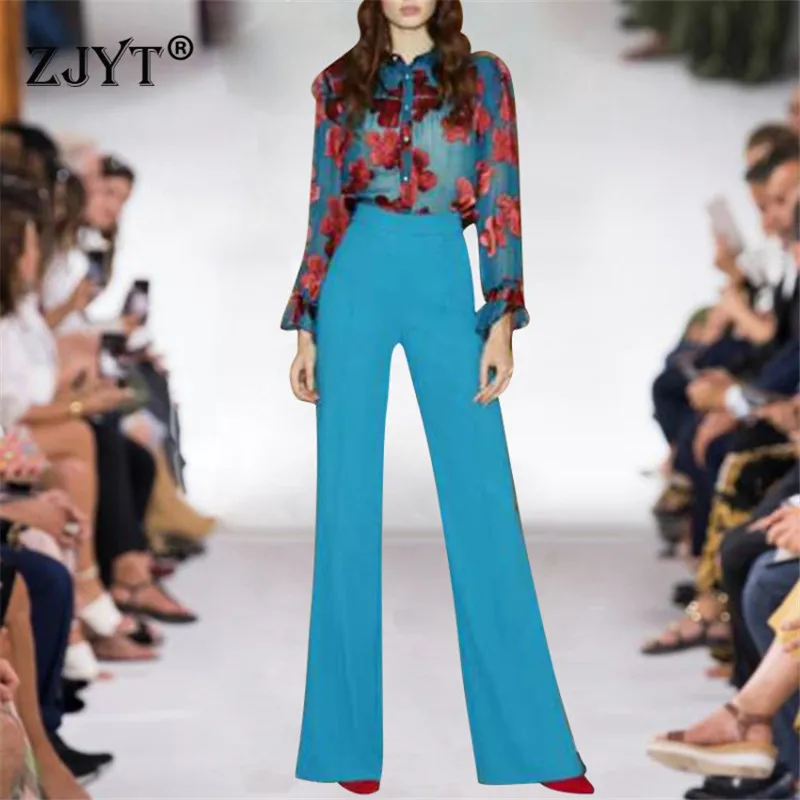 

Elegant Lady Runway Suit Pants 2Piece Set Women 2020 Spring Summer Designer Fashion Floral Print Chiffon Blouse Trousers Sets