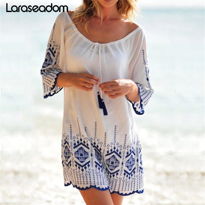 

Cotton Beach Tunic Dress Embroidery Beach Coverup for Women Pareo de Plage Swimsuit Cover up Beach Sarongs Swimwear Kaftan #Z264