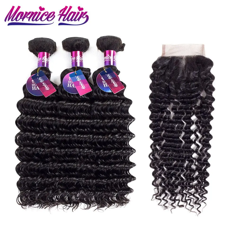 baratas Mornice Onda Profunda Brasileira Pacotes Com Fecho de Parte Do Meio Cor Natural da Extensão Do Cabelo Não Remy Feixes de Cabelo Com Fecho