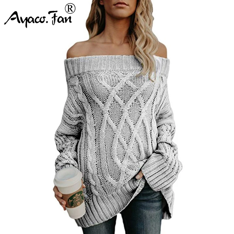 

Thick Warm Sweaters 2019 Autumn Winter New Sexy Slash neck Knitted Pullovers Off Shoulder Solid Casual Knitting Lady Sweater