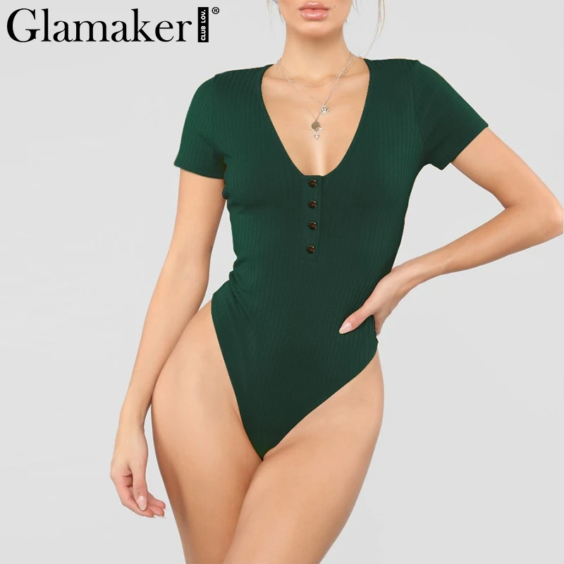 

Glamaker Short sleeve sexy bodysuit top women spring bodycon short playsuit Female v neck black summer female bodysuit one-piece