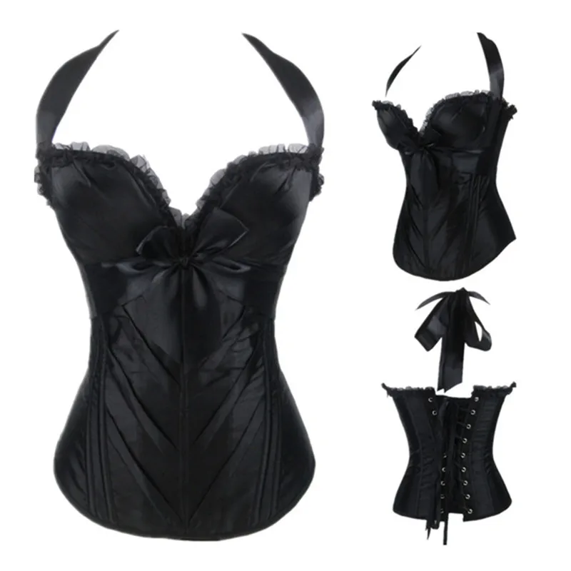 

Fancy Sexy Lingerie Women Black Faux Leather Halter Lace Steampunk Corset Dress Waist Trainer Gothic Bustier Straps Corset