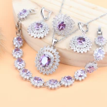 Фиолетовый циркониевый свадебный ювелирный набор серебро 925 Свадебные украшения, серьги для женщин кольцо браслет кулон ожерелье набор подарочная коробка