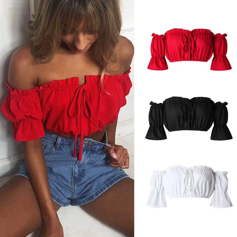 Sexy Women Ruched Off Shoulder Crop Tops Short Sleeve T Shirt Vest 