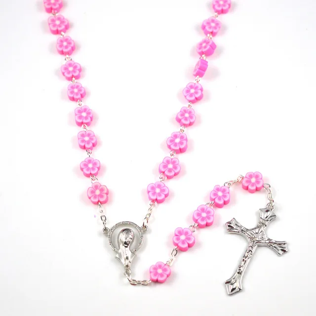 Fashion catholic rosary with pink flower polymer clay flat bead lovely