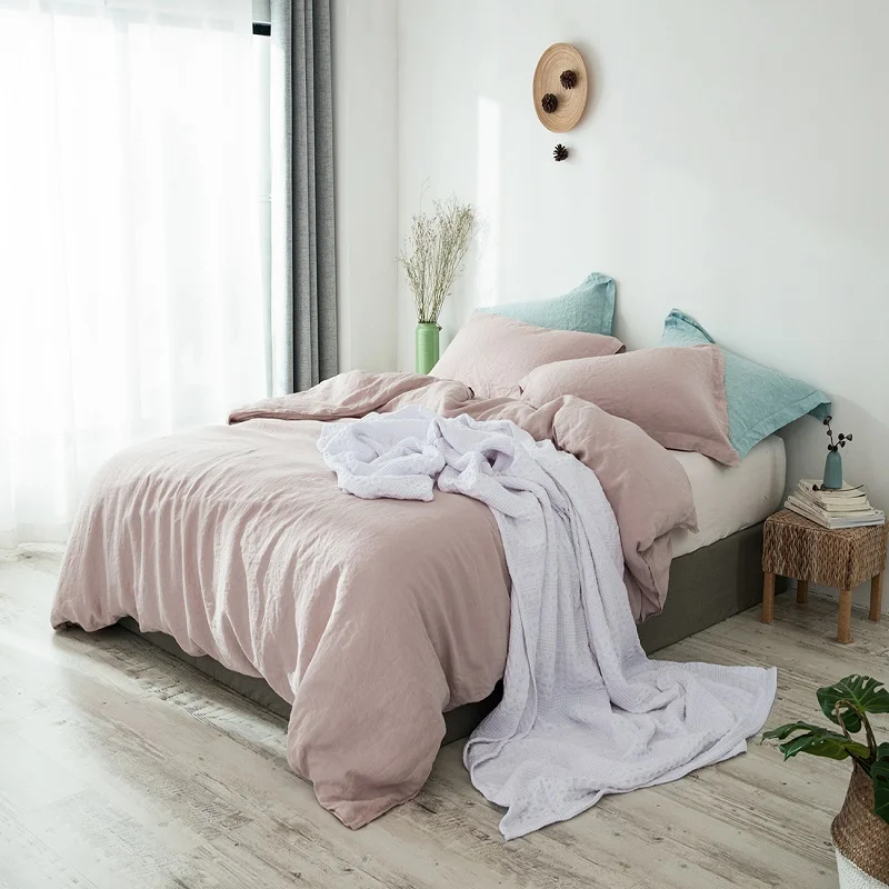 

PHF New Brief Comfortable Pink Bedding Set 3 Pcs Pure Hemp Duvet Cover Set Queen King Size Soft Breathable Lightweight Bed Linen