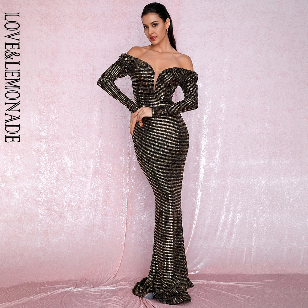 LOVE&LEMONADE Sexy Open Shoulder Gold Sequins