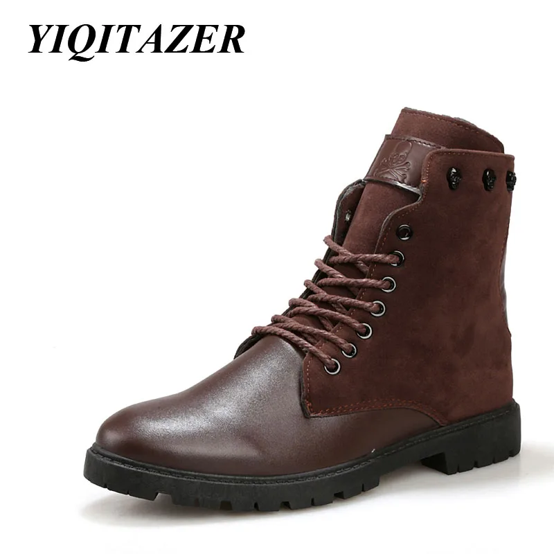 YIQITAZER/Новинка года; повседневные мужские мотоциклетные ботинки в деловом стиле; осенние мужские кожаные ботинки на резиновой подошве со шнуровкой и перекрестной шнуровкой; Цвет черный, коричневый