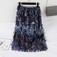 Юбки тяжелая работа цвет пайетки юбка с завышенной талией с металлической кисточкой градиентные бусины Длинные skrits