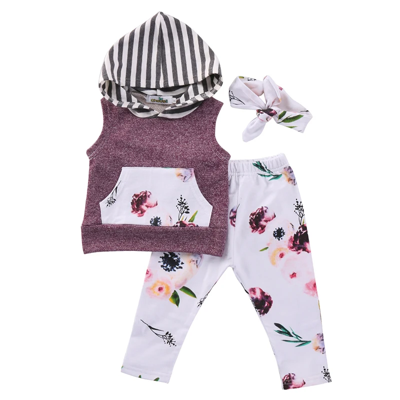 3PCS Set Newborn Infant Baby Boy Girl Clothes Sleeveless Hooded Top Floral Pant Headband Outfit Toddler