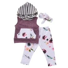 3PCS Set Newborn Infant Baby Boy Girl Clothes Sleeveless Hooded Top Floral Pant Headband Outfit Toddler
