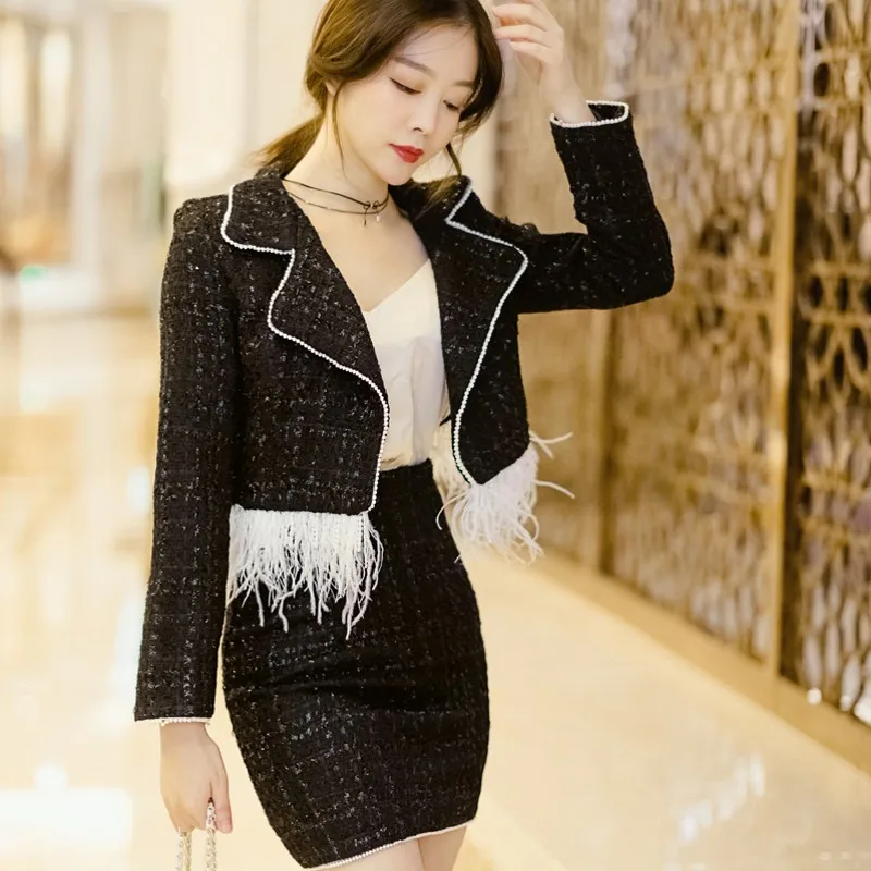 

Fashion Women Feather Tassels Tweed Jacket Mini Wrap Skirt Two Piece Set Office Ladies Slim Fit Outfits Sexy Business Party Suit