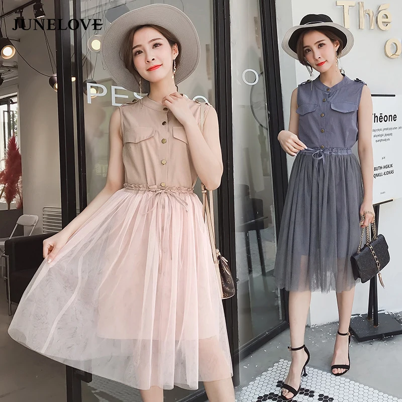 

JuneLove 2018 summer sweet women cotton and linen mesh a line dress high waist buttons sleeveless ladies vestidos casual dress