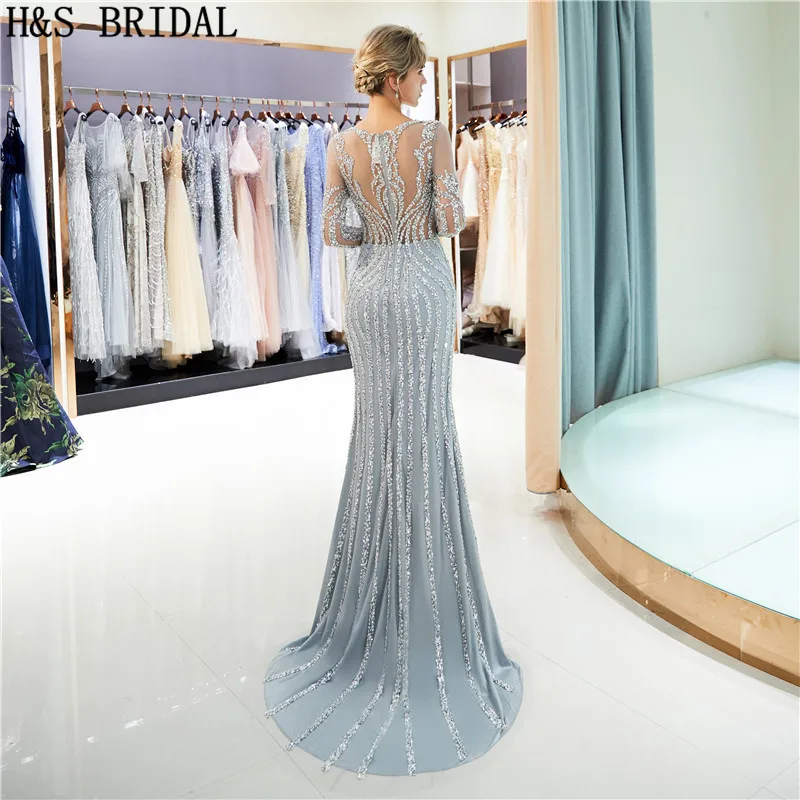 H&S BRIDAL long sleeve evening dress Luxurious Sexy Crystal Beading evening dresses long Mermaid Evening Gown vestidos de fiesta