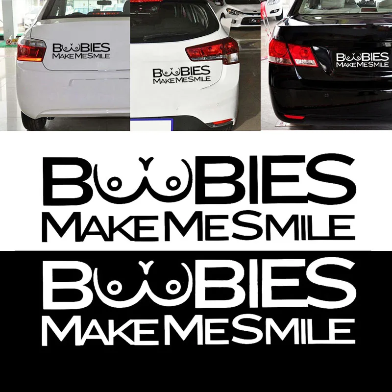 

18*5cm BOOBIES MAKE ME SMILE FUNNY CAR STICKER Motorcycle Decals Autocollant de voiture Vinyl Car Styling Black/Silver