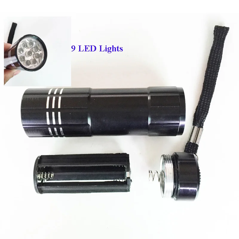 Mini Aluminum UV Ultra Violet 9 LED Multi-function Banknote Flashlight Torch Inspect Money Torch Light 3AAA UV lamp