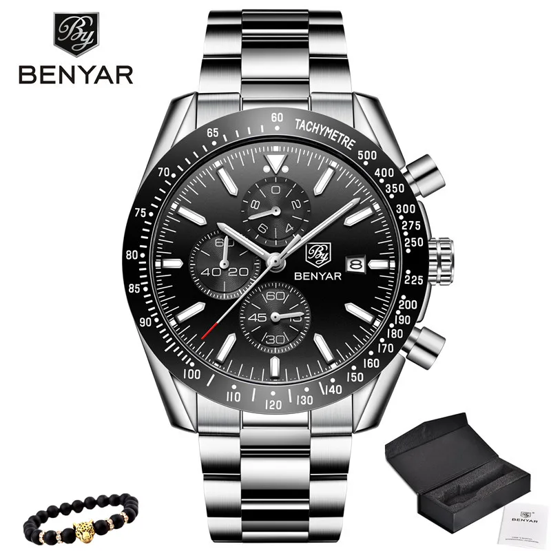 Мужские часы BENYAR, повседневные, модные, полностью стальные, кварцевые, Топ бренд, роскошные часы, мужские, водонепроницаемые, спортивные часы, часы, Relogio Masculino - Цвет: 5140-Steel black