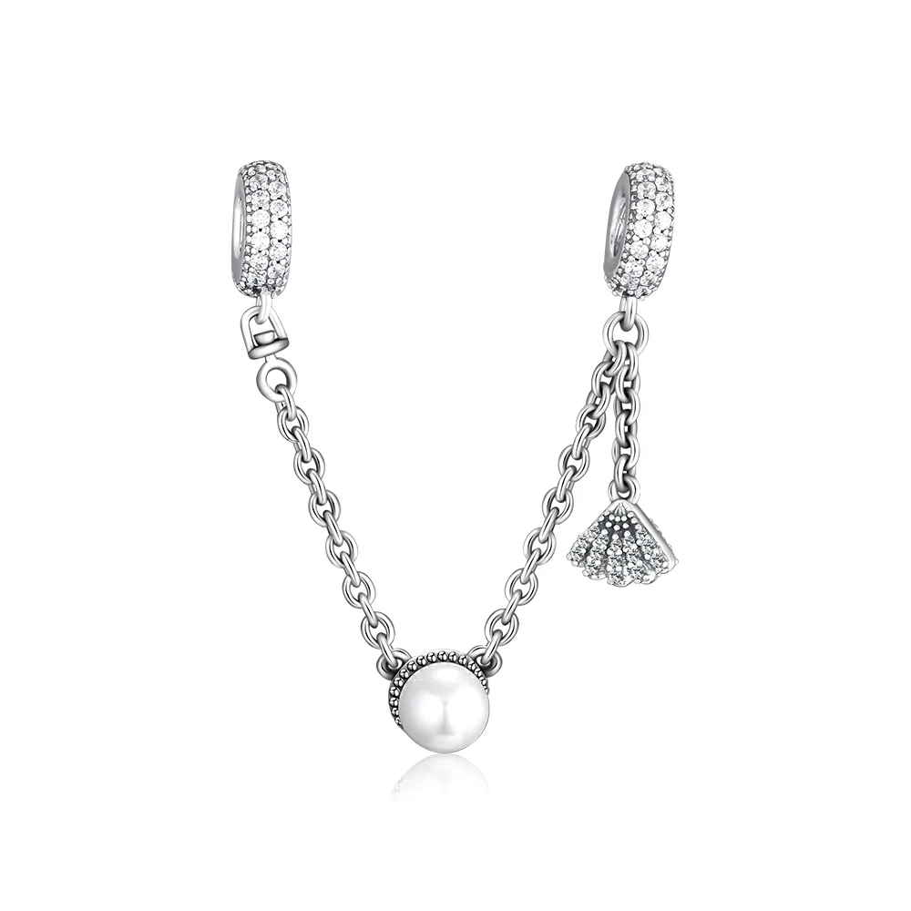 

Fit Pandora Bracelets DIY Beads 100% 925 Sterling Silver Tropical Shell & Pearl Safety Chain Charm for Jewelry Making PCSF05
