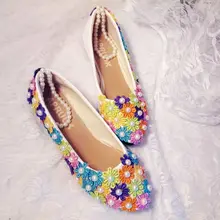 Смешанный цвет кружева на плоской подошве женская обувь лодыжки бисером ремни Сладкий ручной работы дизайнер романтические вечерние свадебные туфли на плоской подошве Большие размеры