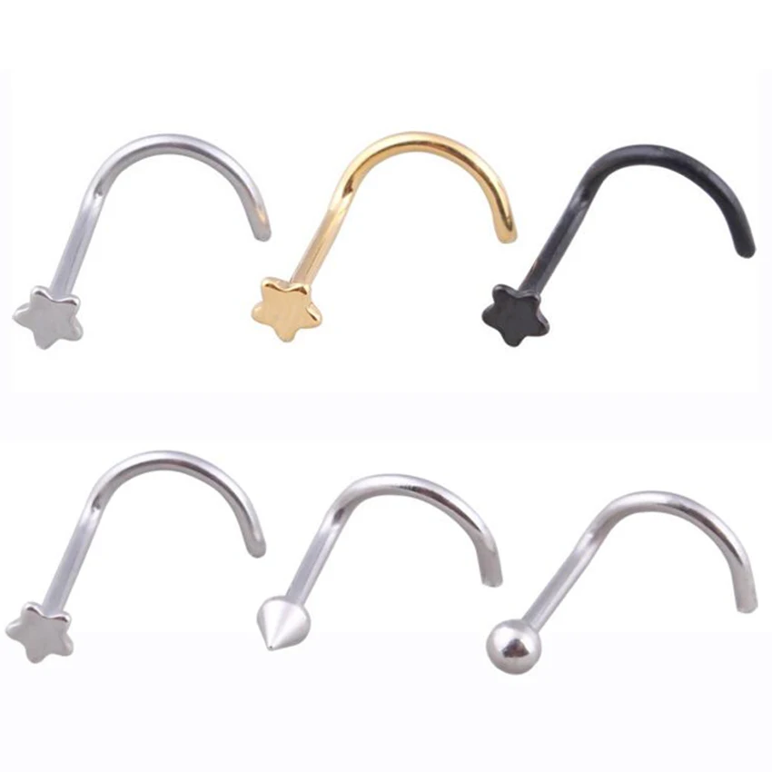 2 Pieces 0.8x7x2mm Gold nostril nose stud rings Spike Stars Ball Nose Studs Ring Twist Screw
