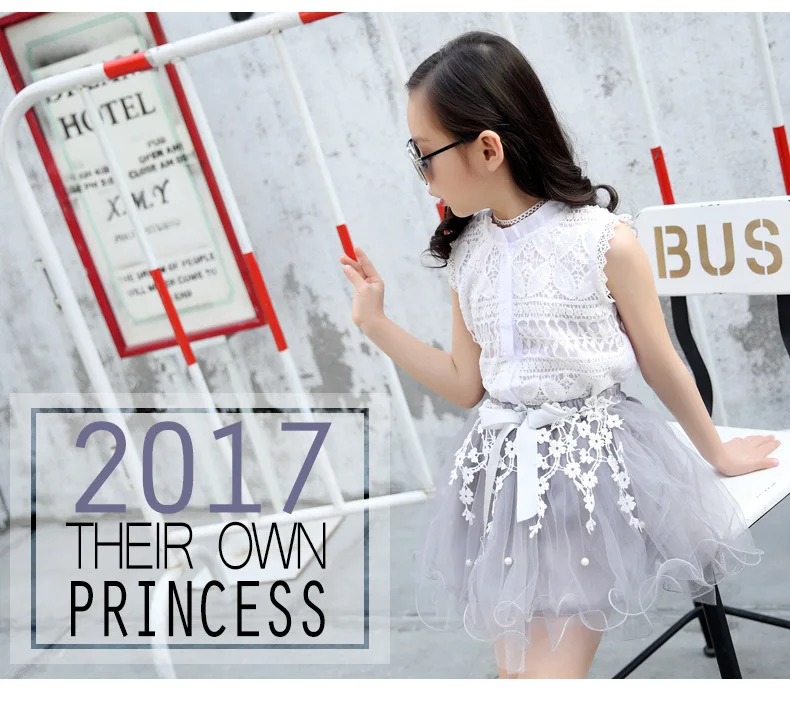 Summer Children Clothing Set For Teen Girls Clothes Outfits 2019 Fashion Lace Tops Flower Tule Skirt 2Pcs Comfortable Kids Suit (7)