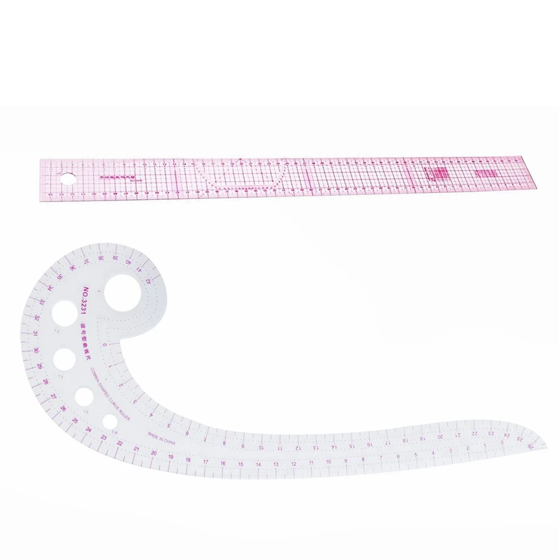 

Set of: Sewing Tailor 54 Cm Shared Double Side Metric Straight Ruler Transparent Pink & 11.8 Inch Long Comma Shaped Plastic Tr