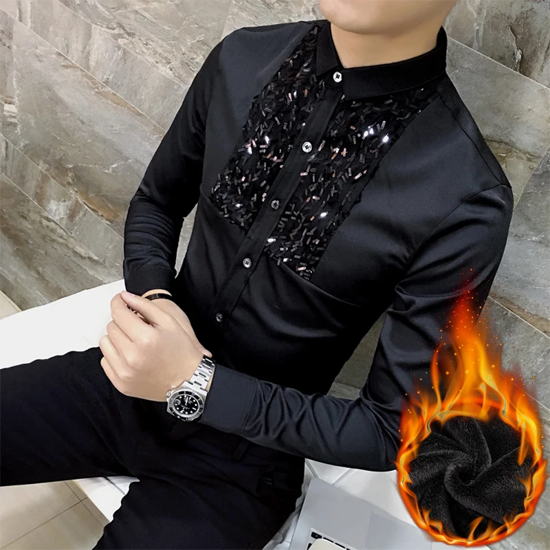 

White Shirts Long Sleeve Unique Mens Shirt Corduroy Winter Chemise Slim Fit Homme Social Dress Sequins Men Camisa Masculina